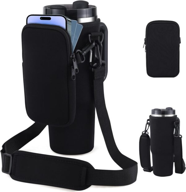 Water Bottle Tumbler Carrier Bag with Phone Pocket for Stanley, 40oz Tumbler Holder Simple with Adjustable Strap Modern Neoprene for Quencher Cup Accessories Travel, Black