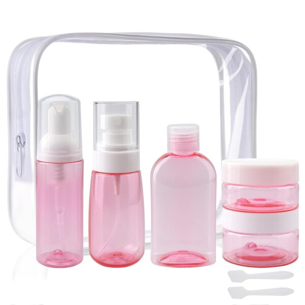 Cosywell Travel Kit TSA Approved Travel Containers 5 Pack Travel Size Containers Leakproof Plastic Cream Jars Refillable Spray Bottle Cream Lotion Travel Essential Toiletries(Pink)