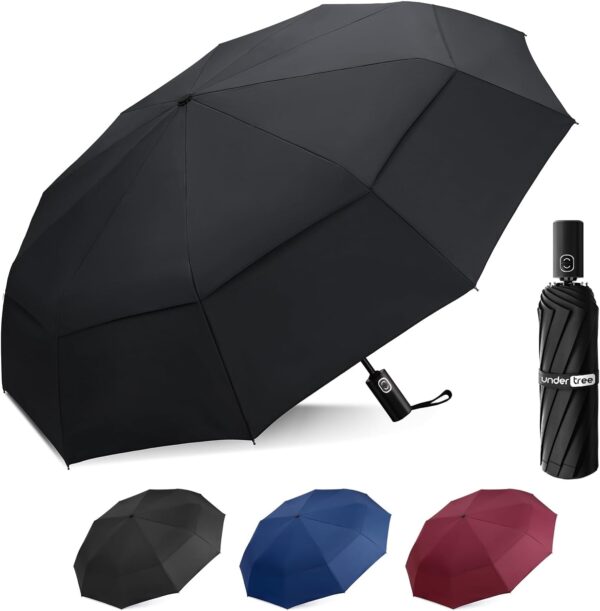 UNDERTREE Travel Umbrella Windproof, Strong 10-Ribs Automatic Compact Umbrella Double Vented Canopy, Portable Wind Resistant Umbrellas for Rain Anti-Rebound, Folding Umbrella, Car Umbrella