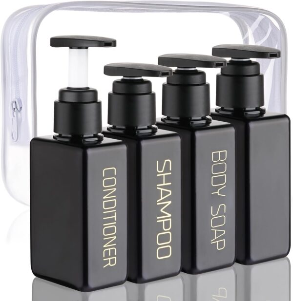 Hethyo Travel Bottles Travel Accessories Toiletries 4 Pack 3.7oz/110ml Travel Shampoo And Conditioner Bottles Empty Plastic Pump Bottle Dispenser Travel Size Bottles (3labels &1blank black)