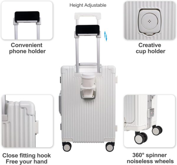 Aluminum Frame Carry On Luggage with Cup Holder and Usb Port, Front Compartment, TSA Lock, 22x14x9 Airline Approved Carry-On Hardside Suitcase Spinner Wheels(White, 20-lnch) - Image 2