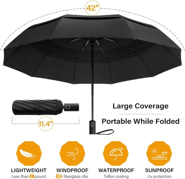 UNDERTREE Travel Umbrella Windproof, Strong 10-Ribs Automatic Compact Umbrella Double Vented Canopy, Portable Wind Resistant Umbrellas for Rain Anti-Rebound, Folding Umbrella, Car Umbrella - Image 3