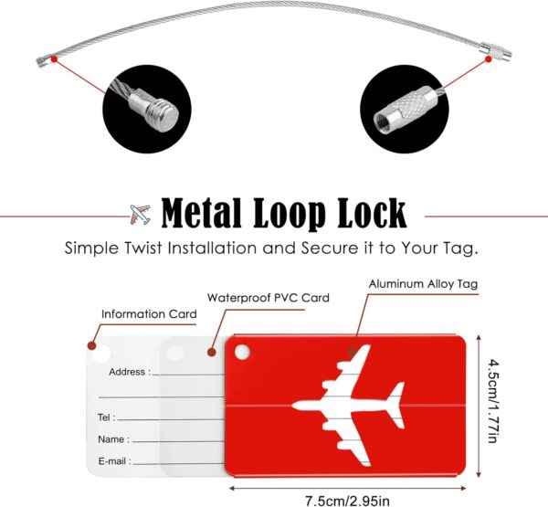 Yizhet Luggage Tags, 6 Pack Aluminium Alloy Suitcase Tags, 6 Pcs Travel Labels Set with Steel Loop and ID for Luggage (6 Pcs Red) - Image 2