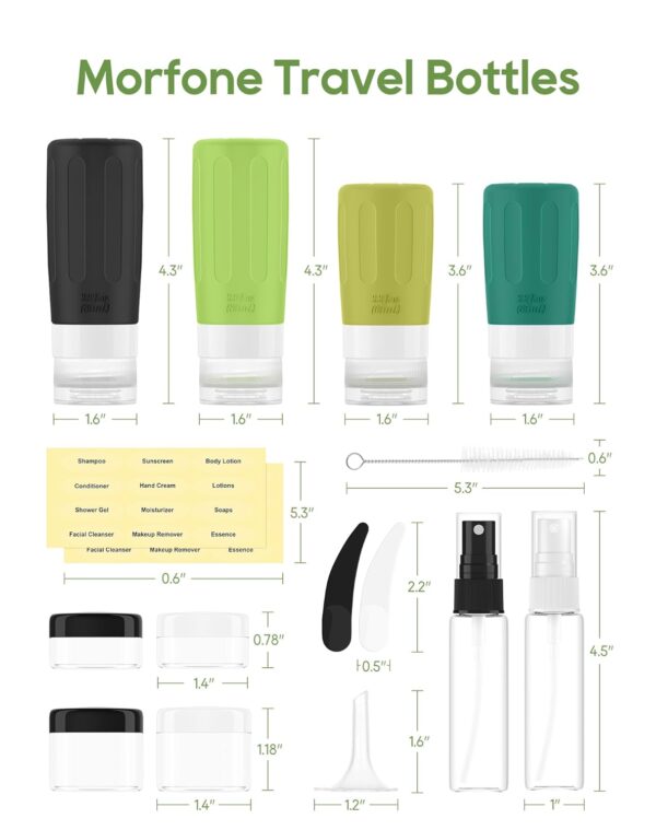 Morfone 16 Pack Silicone Travel Bottles Set for Toiletries TSA Approved Travel Containers Leakproof Squeezable Refillable Travel Accessories 2oz 3oz for Shampoo Conditioner Lotion Liquids(Green) - Image 7