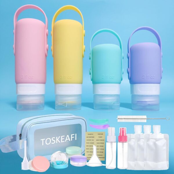 Silicone Travel Size Bottles for Toiletries 2oz 3oz TSA Approved Leak Proof Refillable Containers with Toiletry Bag for Shampoo Conditioner Lotion Creams