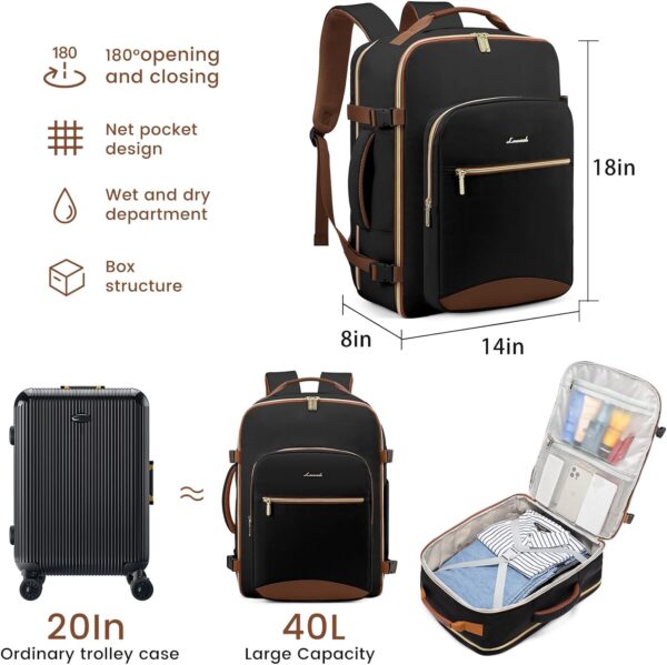 LOVEVOOK 40L Large Travel Backpack for Women Men, 17 Inch Carry on Backpack for Traveling on Airplane, Personal Item Bag Airline Approved, Business Causal Weekender Backpack, Black-Brown - Image 3