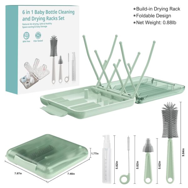 Bottle Brush Set -Baby Travel Essential-6 in 1 Bottle Cleaner Kit with Silicone Bottle Brush,Nipple Cleaner Brush,Straw Brush,Soap Dispenser,Storage Box,Bottle Drying Rack for Home and Travel(Green) - Image 2