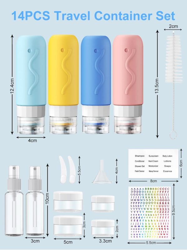 14PCS Travel Bottle Set for Toiletries, Travel Size Silicone Bottles & Spray Bottles, TSA Approved Leakproof Refillable Cosmetic Containers kits for Shampoo, Body Wash, Hand Lotion, Facial Cleanser - Image 6