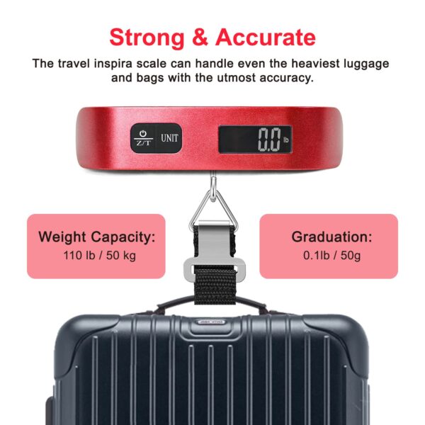 travel inspira Luggage Scale, Portable Digital Hanging Baggage Scale for Travel, Suitcase Weight Scale with Rubber Paint, 110 Pounds, Battery Included - Red with Overweight Alert Functions - Image 3