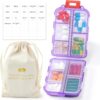 1 Pack Travel Handy Pill Organizer/Holder Box w Labels & 1 Drawstring Pouch, Small 10 Compartments Pocket Pharmacy Portable Medicine Container Case - Daily Weekly Medication Organizer - Purple