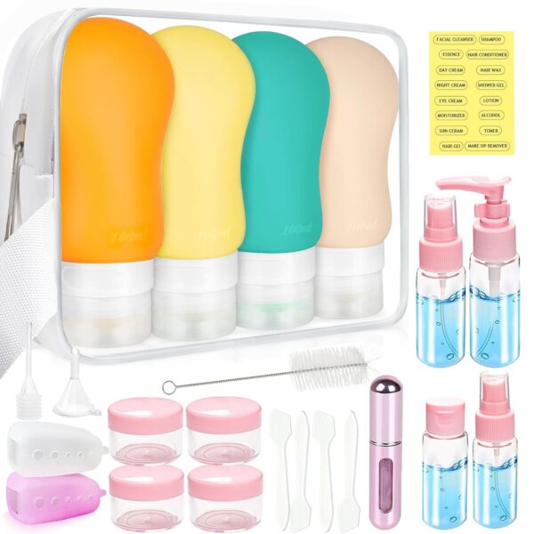 24 Pack Travel Bottles Set for Toiletries, TSA Approved Leak Proof Silicone Squeezable Containers for Toiletries, Refillable Travel Accessories for Conditioner, Shampoo, Lotion & Body Wash, Perfume