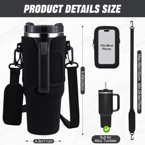 Water Bottle Tumbler Carrier Bag with Phone Pocket for Stanley, 40oz Tumbler Holder Simple with Adjustable Strap Modern Neoprene for Quencher Cup Accessories Travel, Black - Image 2