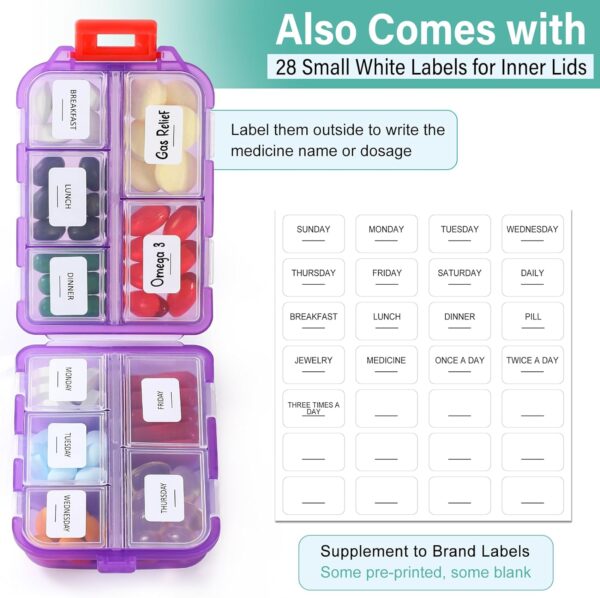 1 Pack Travel Handy Pill Organizer/Holder Box w Labels & 1 Drawstring Pouch, Small 10 Compartments Pocket Pharmacy Portable Medicine Container Case - Daily Weekly Medication Organizer - Purple - Image 3