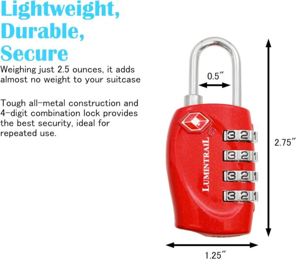 Lumintrail TSA Approved Locks, 4 Digit Combination Luggage Locks TSA Approved, Travel Locks for Luggage & Suitcase, Red, 2 Pack - Image 4