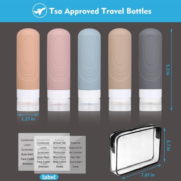 Travel Bottles for Toiletries, Tsa Approved 3oz Portable Travel Bottles, Leak Proof Squeezable Silicone Travel Size Containers .(5 Pack)- pale color - Image 6