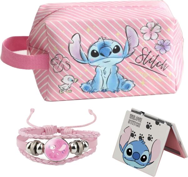 Stitch Stuff Travel Cosmetic Bag + Double Sided Cosmetic Mirror + Stitch Strings, Large Capacity PU Travel Toilet Bag Makeup Accessories Organizer, Best Gift for Girls and Women