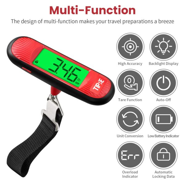 Luggage Scale, 110lb Luggage Weight Scale Digital Suitcase Scale with Hook, Portable Weight Scale for Travel with Backlight LCD Display, Baggage Scale for Travelers, Battery Included - Red - Image 3