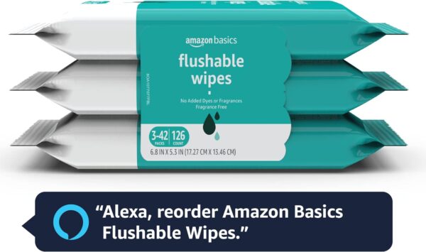 Amazon Basics Flushable Adult Toilet Wipes, Fragrance Free, 126 Count (3 Packs of 42) Packaging May Vary - Image 9