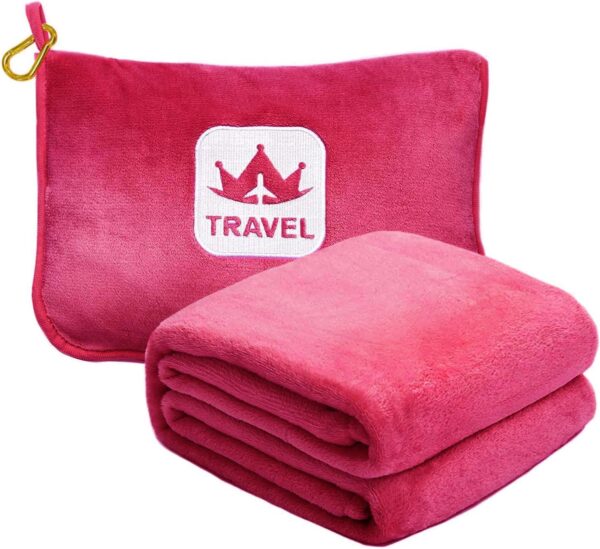 Travel Blanket 2 in 1 Soft Flannel Airplane hot Pink Throw Blankets in Soft Bag Pillow case with Hand Luggage Belt, 65x40inch, Barbie Pink