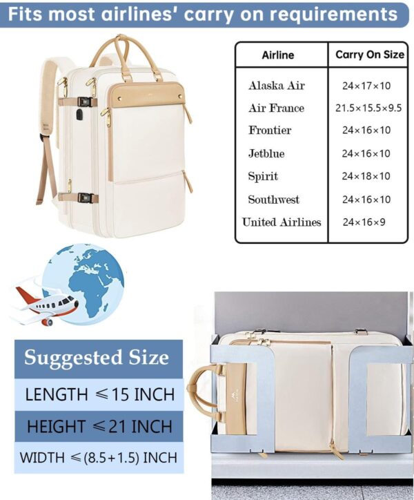 MATEIN Carry on Backpack for Women, 52L TSA Travel Laptop Backpack with USB Charging Port & Shoes Compartment, 17 Inch Extra Large Expandable Flight Approved Computer Bag with 2 Packing Cubes, Beige - Image 4