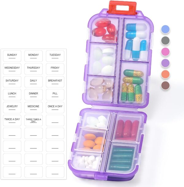 1 Pack Travel Handy Pill Organizer/Holder Box w Labels & 1 Drawstring Pouch, Small 10 Compartments Pocket Pharmacy Portable Medicine Container Case - Daily Weekly Medication Organizer - Purple - Image 9