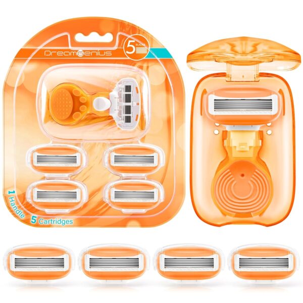 Travel Razors for Women Include 1 Handle and 5 Cartridges, Portable 5-Blade Mini Razor with Travel Case, The Best Travel Size Toiletries for Women, Orange