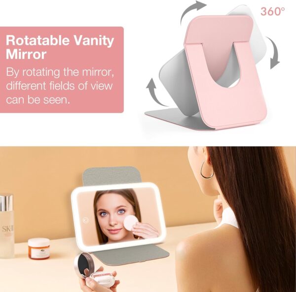 Kintion Travel Makeup Mirror, 8"*5.4" Portable LED Lighted Makeup Mirror, 360° Rotation Touch Screen Vanity Mirror, 3-Color Dimmable Lighting, Rechargeable Tabletop Folding Cosmetic Mirror - Image 5