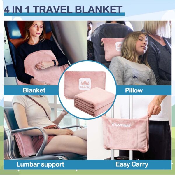 Travel Blanket 2 in 1 Soft Flannel Airplane hot Pink Throw Blankets in Soft Bag Pillow case with Hand Luggage Belt, 65x40inch, Barbie Pink - Image 3