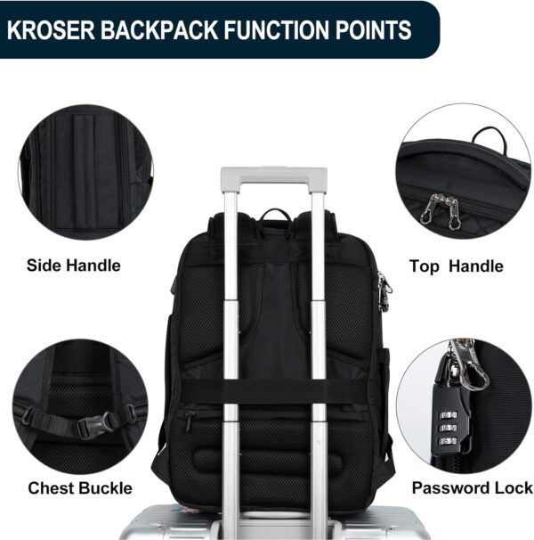 KROSER Laptop Backpack Large Computer Carry On Backpack Fits up to 17.3 Inch Laptop with USB Charging Port Water-Repellent Travel Backpack Casual Daypack for Business/College/Women/Men-Quilted Black - Image 4