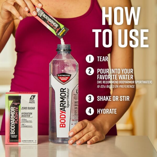 BODYARMOR Flash IV Electrolyte Packets, Strawberry Kiwi - Zero Sugar Drink Mix, Single Serve Packs, Coconut Water Powder, Hydration for Workout, Travel Essentials, Just Add Sticks to Liquid (6 Count) - Image 6