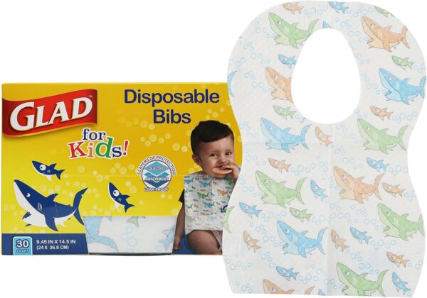 Glad for Kids Sharks Paper Bibs, 30 Count - Disposable Paper Bibs with Cute Sharks Design for Kids - Travel Bibs for Kids - Art & Craft Disposable Kids Bibs