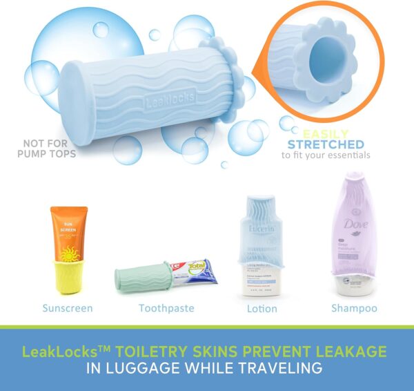 LeakLocks® Toiletry Skins™ Elastic Sleeve for Leak Proofing Travel Container in Luggage. For Standard and Travel Sized Toiletries. Reusable Accessory for Travel Bag Suitcase and Carry-on Luggage - Image 5