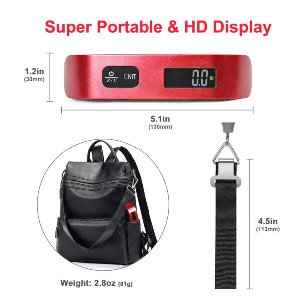 travel inspira Luggage Scale, Portable Digital Hanging Baggage Scale for Travel, Suitcase Weight Scale with Rubber Paint, 110 Pounds, Battery Included - Red with Overweight Alert Functions - Image 6