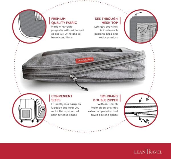 LeanTravel Compression Packing Cubes for Travel Organizers with Double Zipper (6-Pack (2L+2M+2S), Grey) - Image 2