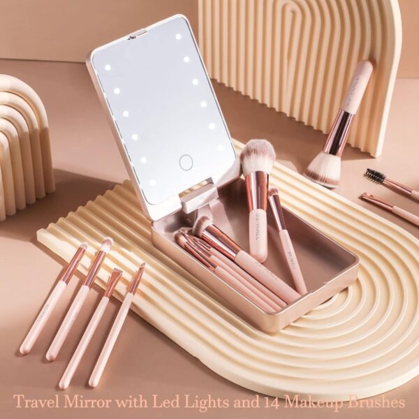 BS-MALL Travel Makeup Brush Set Foundation Powder Concealers Eye Shadows Makeup Set with LED light Mirror 14 Pcs Mini Makeup Brushes (APINK) - Image 2