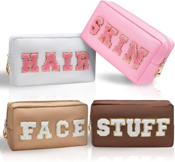 Preppy Makeup Bags 4 Pcs Travel Organizer Patch Bag Large Varsity Chenille Letter Cosmetic Toiletry Preppy Stuff Cute Bags Portable Pouch Storage Purse Bag Set