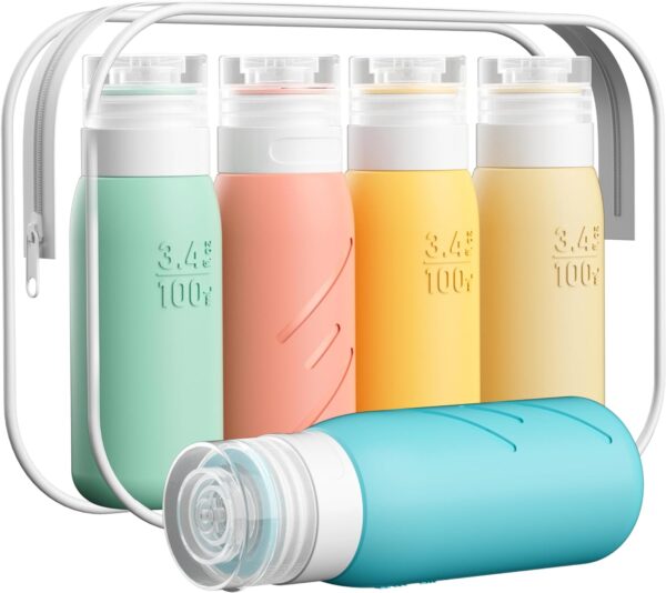 Travel Size Bottles for Toiletries, Pack of 5 Travel Bottles with Squeezable Lid, 3.4 oz TSA Approved Travel Size Containers for Shampoo, Conditioner,Lotion