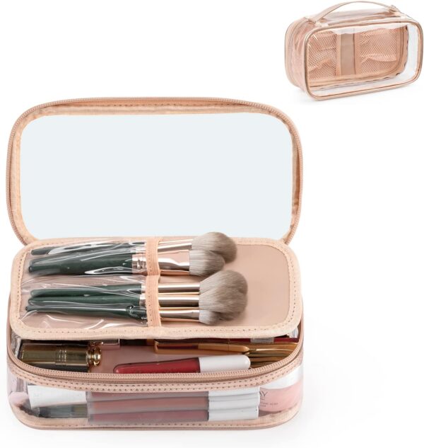 OCHEAL Clear Makeup Bag, Portable Makeup Storage Organizer Cosmetic Bag, Travel Makeup Bag Cute Clear Pouch For Women and Girls Cosmetics Bags with Divider Makeup Brush Compartment-Rose Gold