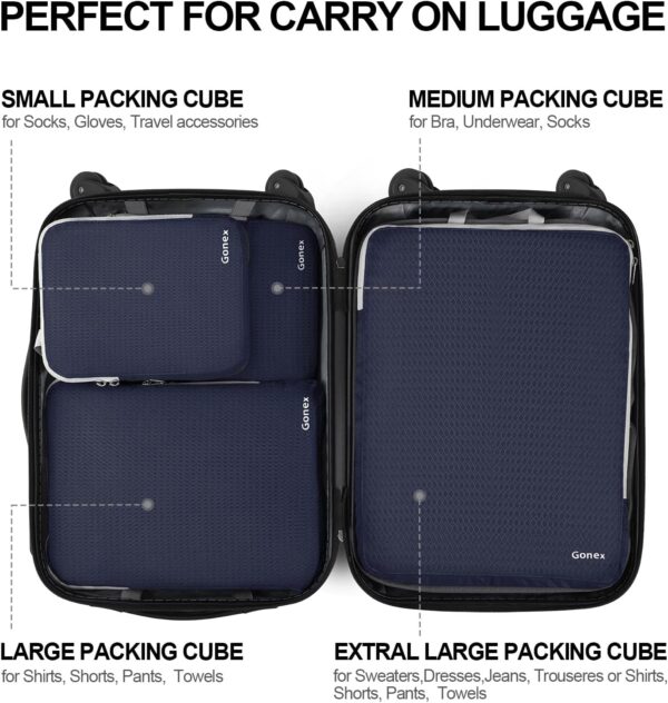 Gonex Compression Packing Cubes, 4pcs Expandable Storage Travel Luggage Bags Organizers (Purplish Blue) - Image 5