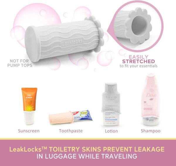 LeakLocks® Toiletry Skins™ Elastic Sleeve for Leak Proofing Travel Container in Luggage. For Standard and Travel Sized Toiletries. Reusable Accessory for Travel Bag Suitcase and Carry-on Luggage - Image 2