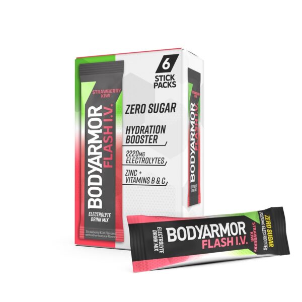 BODYARMOR Flash IV Electrolyte Packets, Strawberry Kiwi - Zero Sugar Drink Mix, Single Serve Packs, Coconut Water Powder, Hydration for Workout, Travel Essentials, Just Add Sticks to Liquid (6 Count)