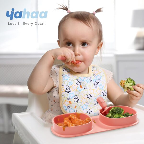 Toddler Plates Travel Essential on the go,Baby Plates with Forks and Spoons Self Feeding 6 months,Foldable,Silicone,BPA Free,Watermelon - Image 2