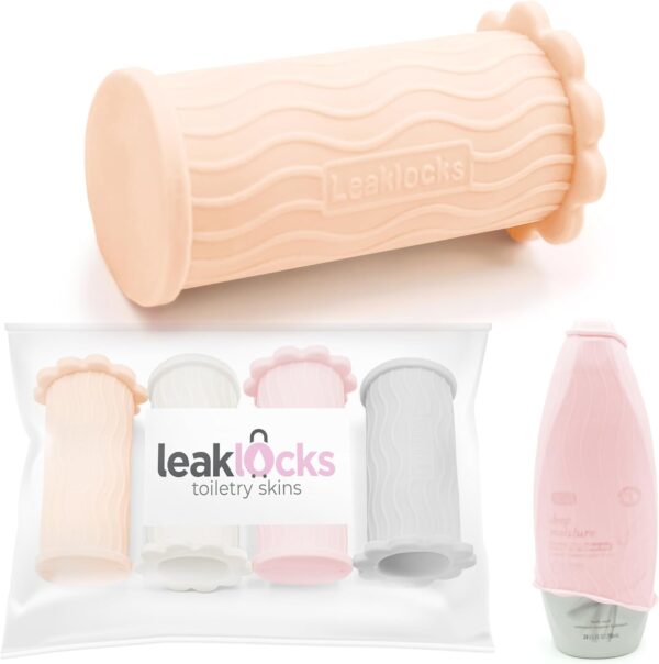 LeakLocks® Toiletry Skins™ Elastic Sleeve for Leak Proofing Travel Container in Luggage. For Standard and Travel Sized Toiletries. Reusable Accessory for Travel Bag Suitcase and Carry-on Luggage