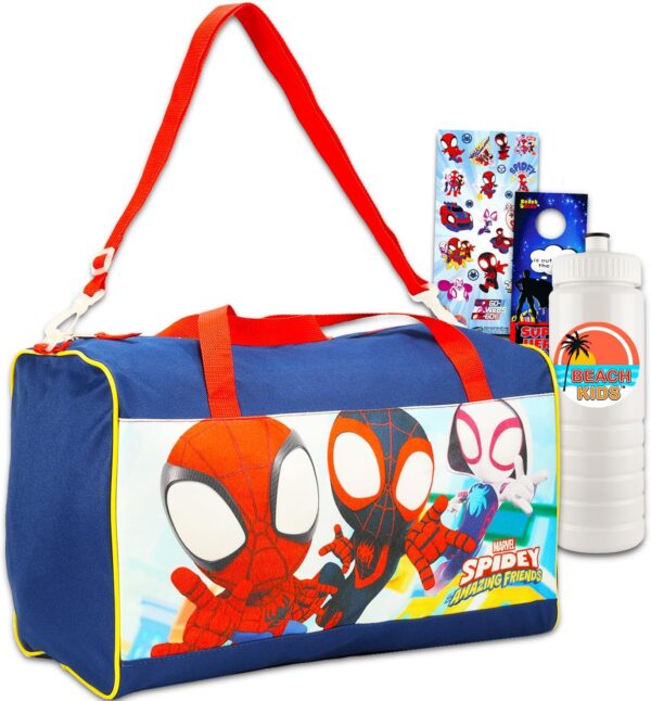 Spidey and His Amazing Friends Duffle Bag Set for Kids - Spidey Duffle Bag Bundle Includes Spiderman Luggage Carry On Suitcase Bag, Water Bottle, Stickers, More | Spiderman Travel Bag for Boys 4-6