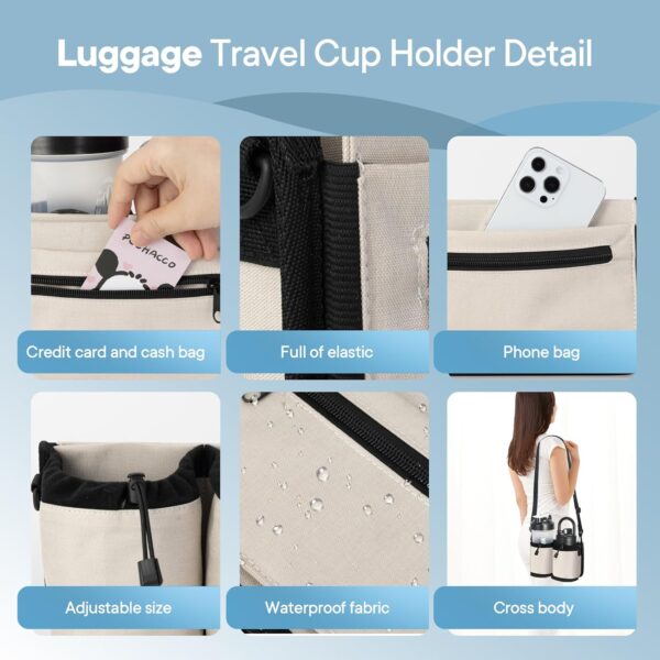 Extra Luggage Cup Holder Free Hand Drink Caddy for Suitcases to Travel and Business Trip,Travel Must Haves for Men & Women,Holds Two Coffee Cups,Passport,Flight Attendant Essential Organizer-Off White - Image 6