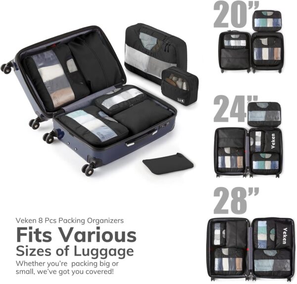 Veken 8 Set Packing Cubes for Suitcases, Travel Essentials for Carry on, Luggage Organizer Bags Set for Travel Accessories in 4 Sizes (Extra Large, Large, Medium, Small), Black - Image 4