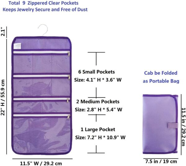 Travel Foldable Jewelry Rolls Bag Hanging Jewelry Organizer with 9 Zippered Clear Pockets Storage Pouch with Rotatable Hanger (PURPLE) - Image 2