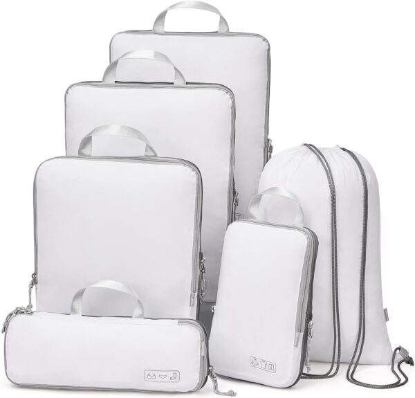 OlarHike 6 Set Compression Packing Cubes for Suitcases,Travel Essentials, Lightweight Luggage Travel Organizer Bags, Expandable Travel Cubes for Carry-on Suitcases (White)