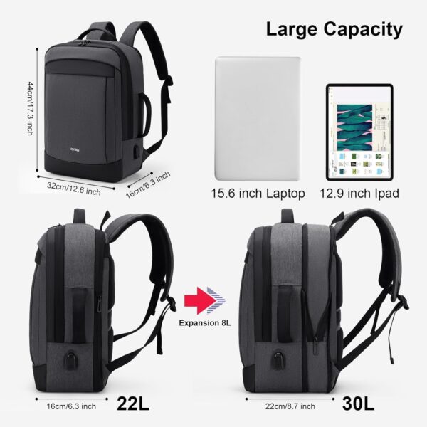 HOMIEE 30L Travel Laptop Backpack for Men Women, 15.6 Inch Expandable Backpack with USB Charging Port, Water Resistant Business Work College Bag, Grey - Image 3