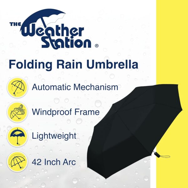 Weather Station Rain Umbrella, Automatic Folding Umbrella, Windproof, Lightweight, and Packable for Travel, Full 42 Inch Arc, Black - Image 2